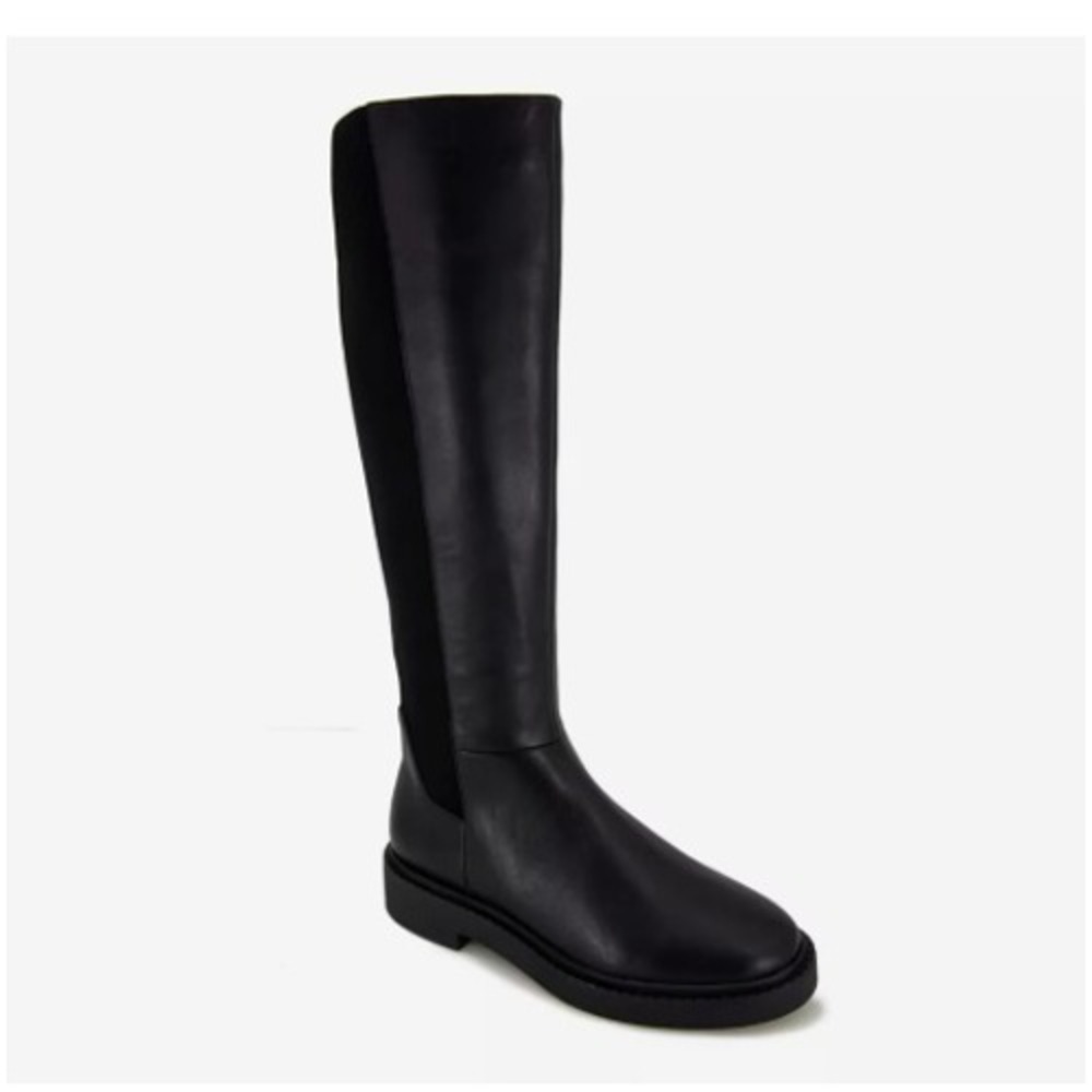 Andre Assous Black Leather Knee High Boots Textile Stretch Panel Women 6.5M NEW